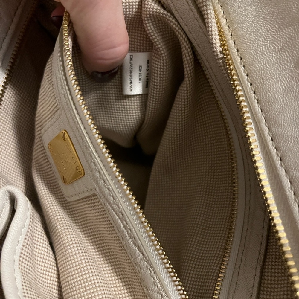 MCM Pebbled Cream Leather Satchel with Gold Stud Accents - Picture 12 of 16